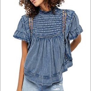 Free People Le Femme denim Ruffled Crochet Top-New